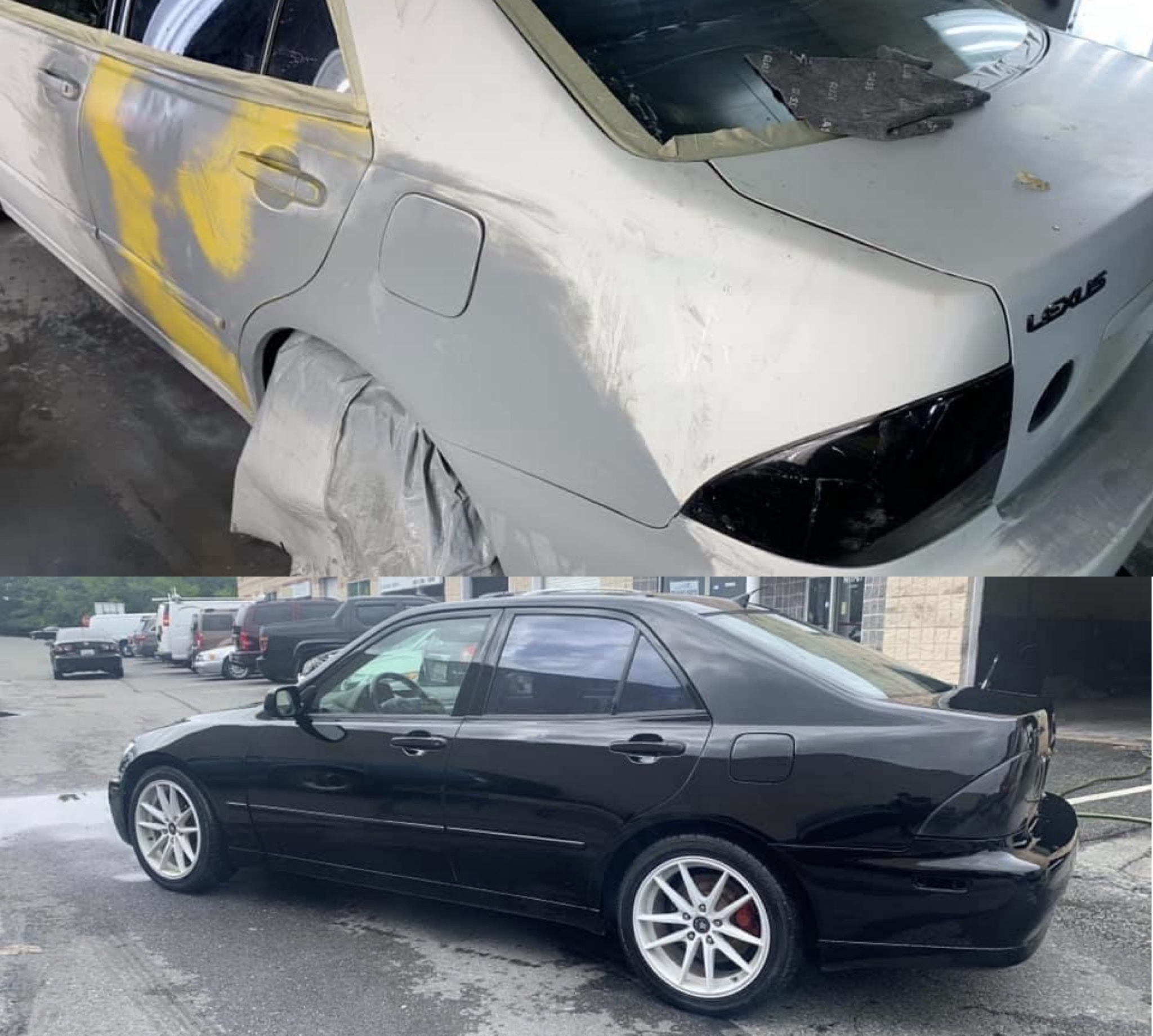 Two photos showing a car during bodywork and a black car outside.