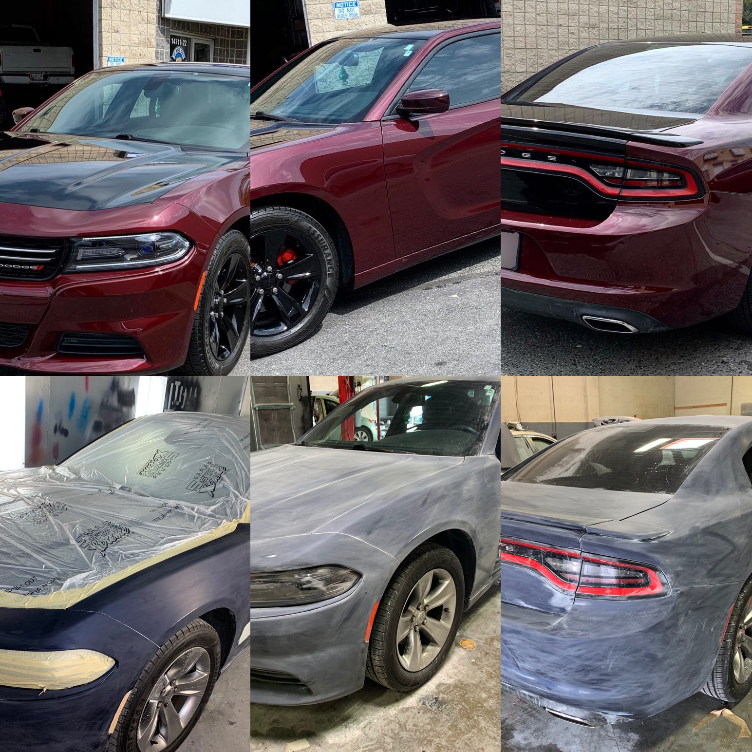 Collage of vehicles and bodywork in progress.